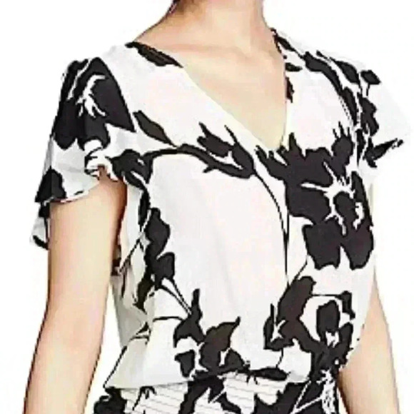 Ramy Brook Ingrid Black White Floral Flutter Sleeve Tiered Mini Dress. - Picture 2 of 14